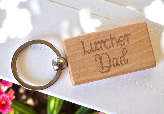 Lurcher Dad Keyring Gift - Nice Cute Engraved Wooden Key Fob Novelty Dog Owner Present