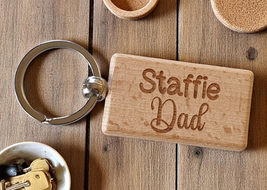 Staffi Dad Keyring Gift - Nice Cute Engraved Wooden Key Fob Novelty Dog Owner Present