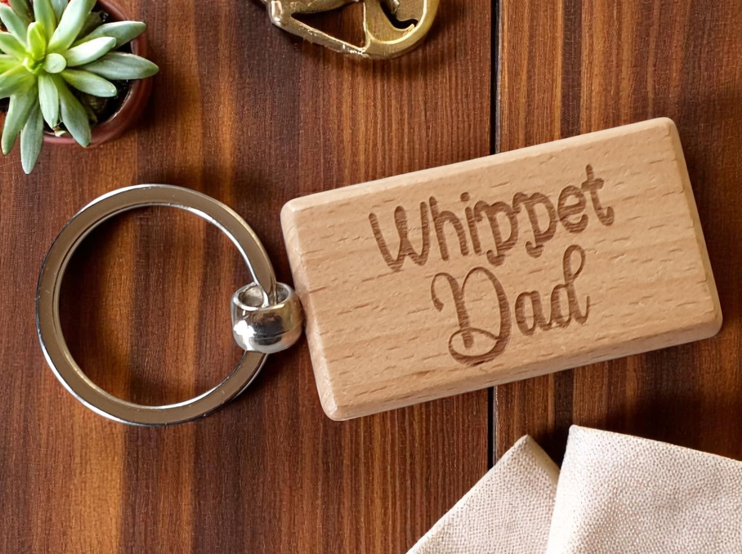 Whippet Dad Keyring Gift - Nice Cute Engraved Wooden Key Fob Novelty Dog Owner Present