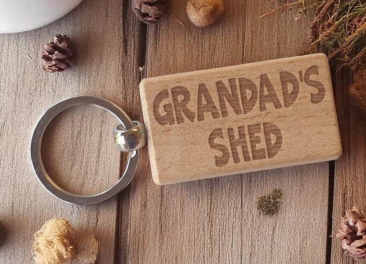 Grandad's Shed Keyring Nice Cute Custom Engraved Wooden Key Fob Novelty House Home Keys Personalised Present