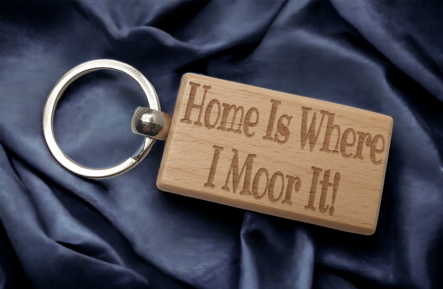 Narrowboat Keyring Gift - Home Is Where I Moor It Engraved Hardwood Key Fob Novelty Nice Custom Barge Canal Boat Present