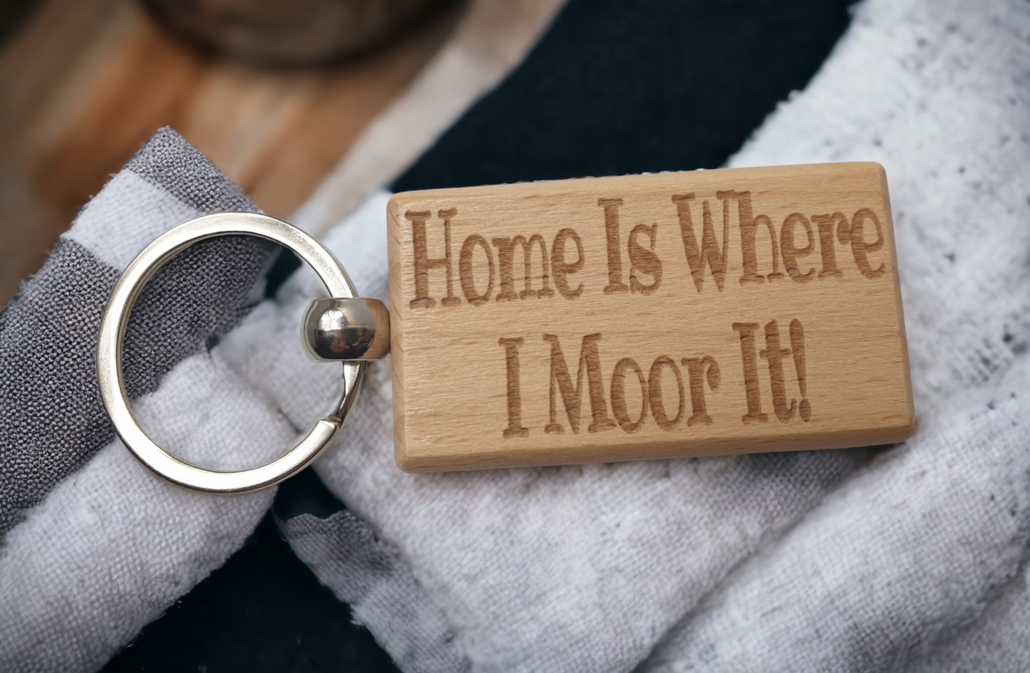 Narrowboat Keyring Gift - Home Is Where I Moor It Engraved Hardwood Key Fob Novelty Nice Custom Barge Canal Boat Present