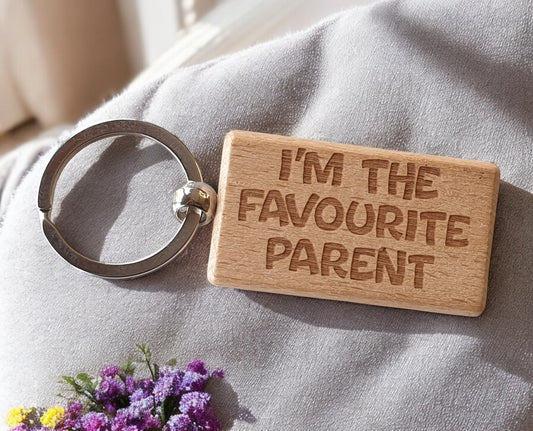 Mum Dad Keyring Gift I'm The Favourite Parent Cute Engraved Wooden Key Fob Fun Novelty Nice Present