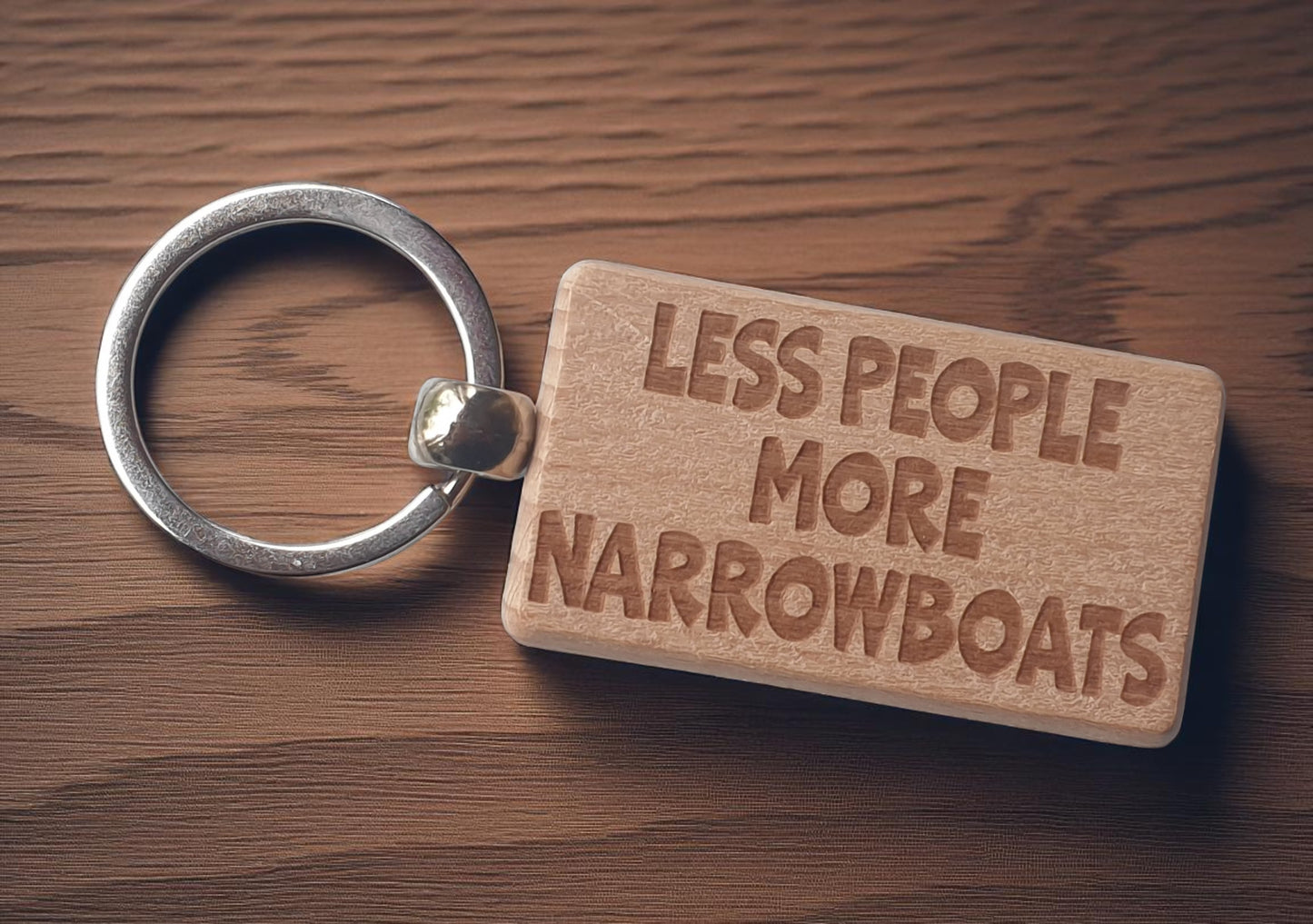 Narrowboat Keyring Gift Less People More Cute Engraved Wooden Key Fob Fun Novelty Nice Custom Boating Present