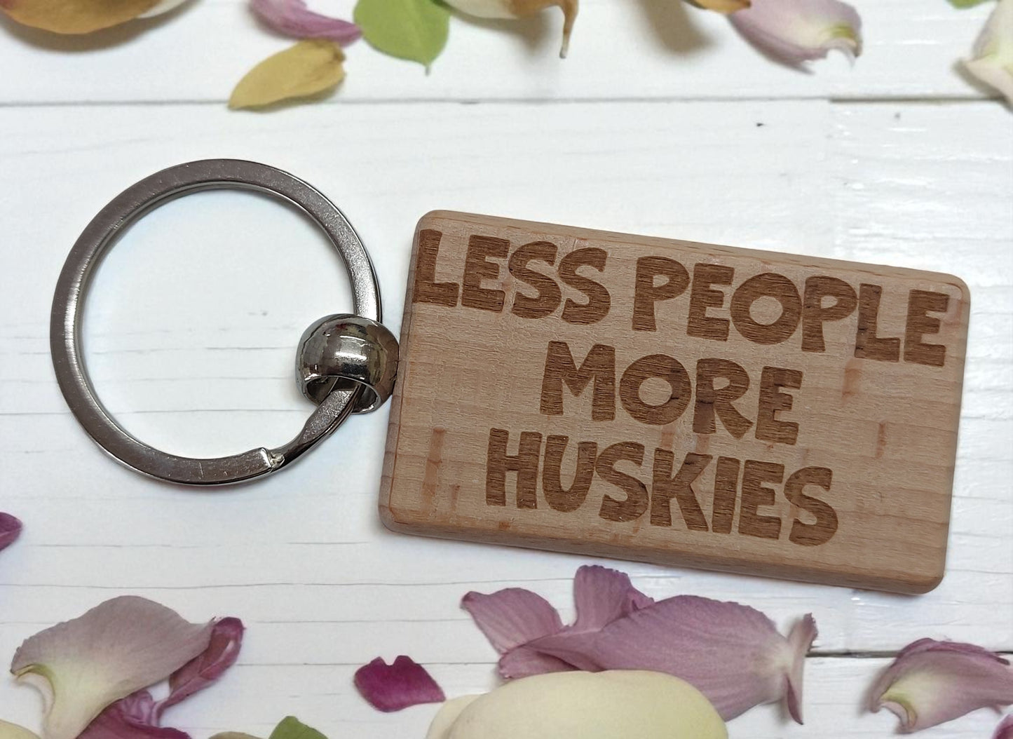 Husky Keyring Gift Less People More Engraved Wooden Keychain Dog Owner Present