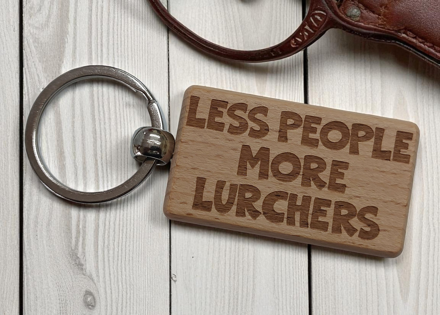 Lurcher Keyring Gift Less People More Engraved Wooden Keychain Dog Owner Present