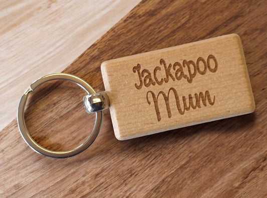 Jackapoo Mum Keyring Gift - Nice Cute Engraved Wooden Key Fob Novelty Dog Owner Present