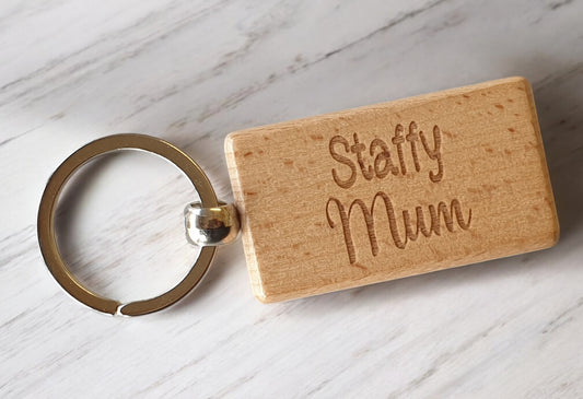 Staffy Mum Keyring Gift - Nice Cute Engraved Wooden Key Fob Novelty Dog Owner Present