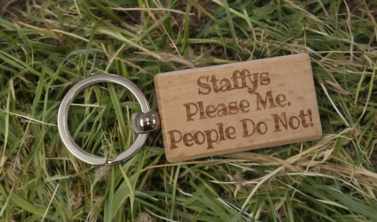 Staffy Keyring Gift - * Please Me People Do Not - Nice Cute Engraved Wooden Key Fob Novelty Dog Owner Present
