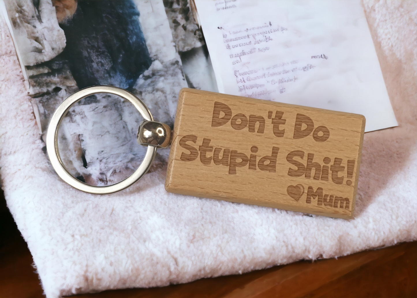 Son Daughter Keyring Gift - Don't Do Stupid Shit Love Heart Mum - Cute Engraved Wooden Key Fob Fun Novelty Nice Custom Present
