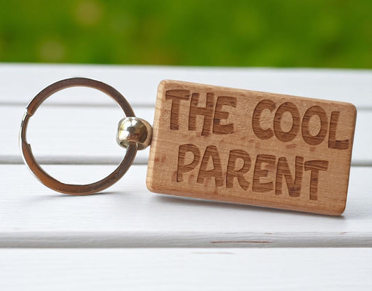Mum Dad Keyring Gift The Cool Parent Cute Engraved Wooden Key Fob Fun Novelty Nice Present