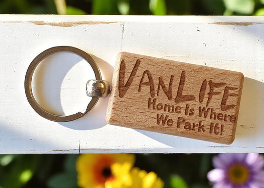 Fun Keyring Gift VanLife Home Is Where We Park It Cute Engraved Wooden Campervan Motorhome Key Fob Chain Fun Nice Custom Present
