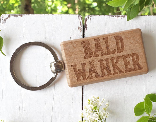 Baldy Keyring Gift - Bald Wanker - Cute Engraved Wooden Key Fob Fun Novelty Nice Custom Present