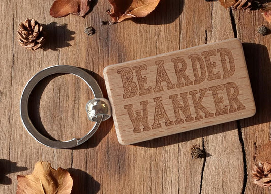 Beard Keyring Gift - Bearded Wanker - Cute Engraved Wooden Key Fob Fun Novelty Nice Custom Present