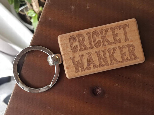 Cricket Keyring Gift - Cricket Wanker - Cute Engraved Wooden Key Fob Fun Novelty Sports Fan Nice Custom Present