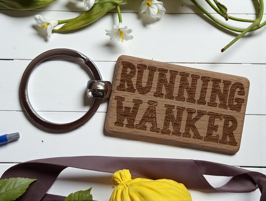 Jogging Keyring Gift Running Wanker Engraved Wooden Keychain Present
