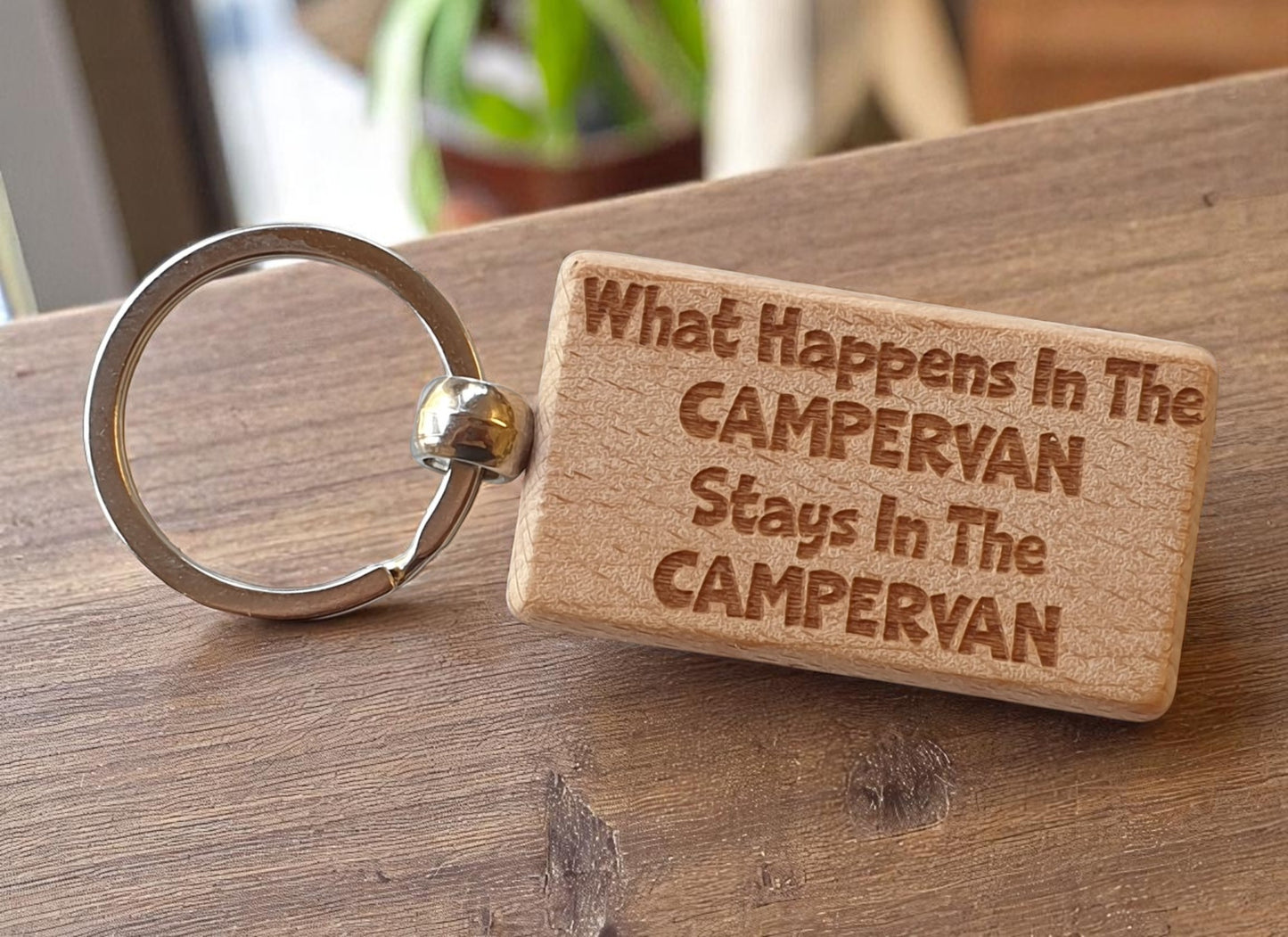 Campervan Keyring Gift What Happens In Stays In The Cute Engraved Wooden Key Fob Chain Fun Nice Custom Present