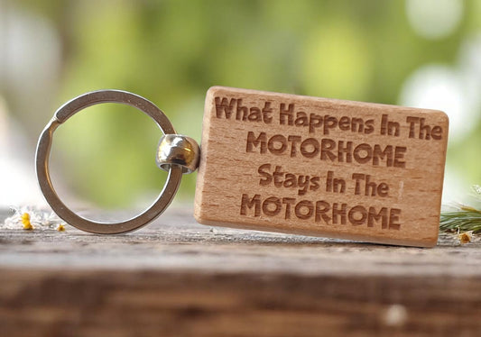 Motorhome Keyring Gift What Happens In Stays In The Cute Engraved Wooden Campervan Key Fob Chain Fun Nice Custom Present
