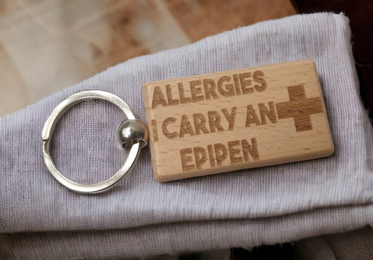 Epipen Keyring Gift - Medical Alert Allergies Key Ring - Engraved Hardwood Key Chain