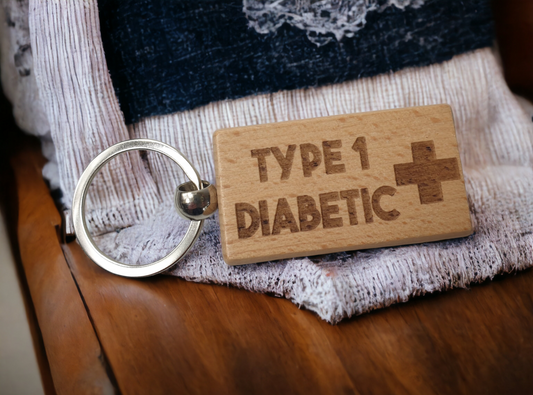 Diabetic Keyring Gift - Medical Alert Type 1 Diabetes Key Ring - Engraved Wooden Key Chain
