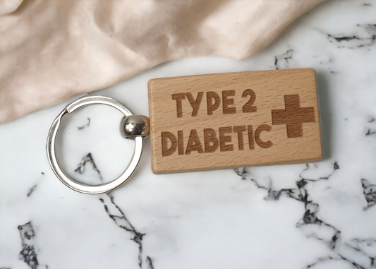 Diabetic Keyring Gift - Medical Alert Type 2 Diabetes Key Ring - Engraved Wooden Key Chain Present