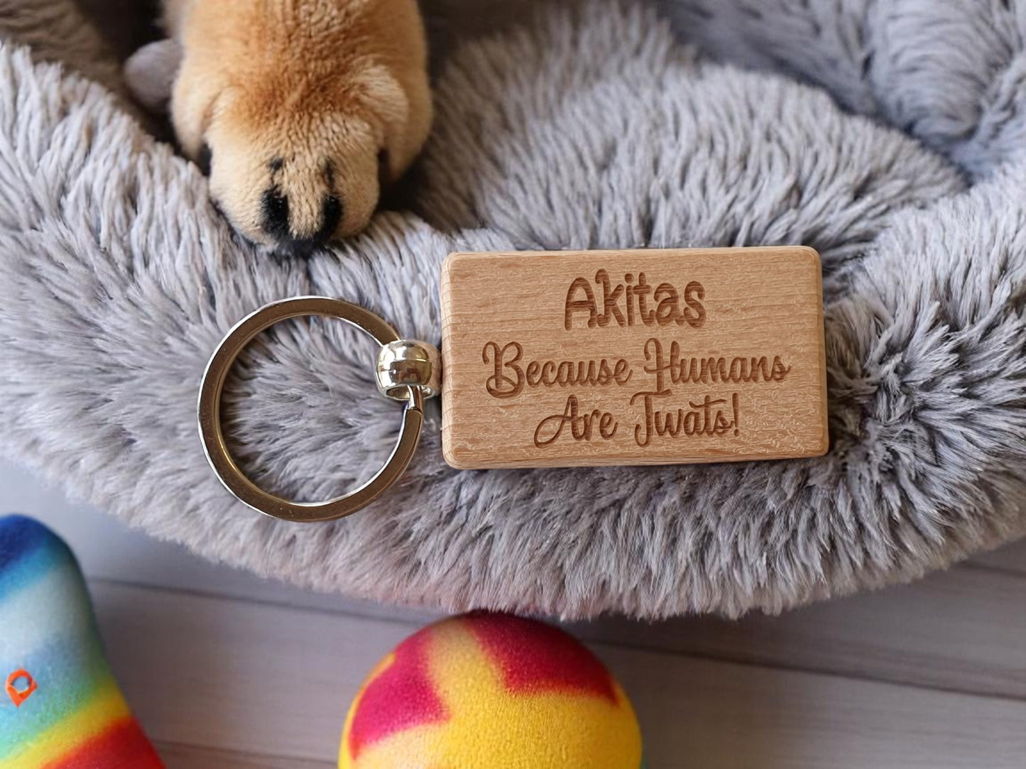 Akita Keyring Gift - Because Humans Are Twats - Nice Cute Engraved Wooden Key Fob Novelty Dog Owner Present