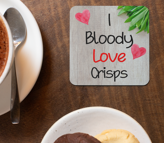 Food Coaster Gift - I Bloody Love Crisps - Novelty Fun Cute CORK Present