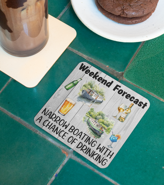 Holiday Coaster Gift - Weekend Forecast Narrowboating with a Chance of Drinking - Fun Cute CORK Novelty Camping Present