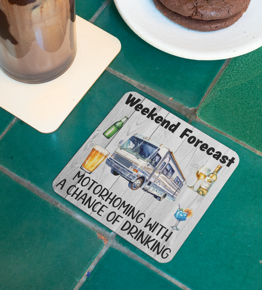 Holiday Coaster Gift - Weekend Forecast Motorhoming With a Chance of Drinking - Fun Cute CORK Novelty Camping Present
