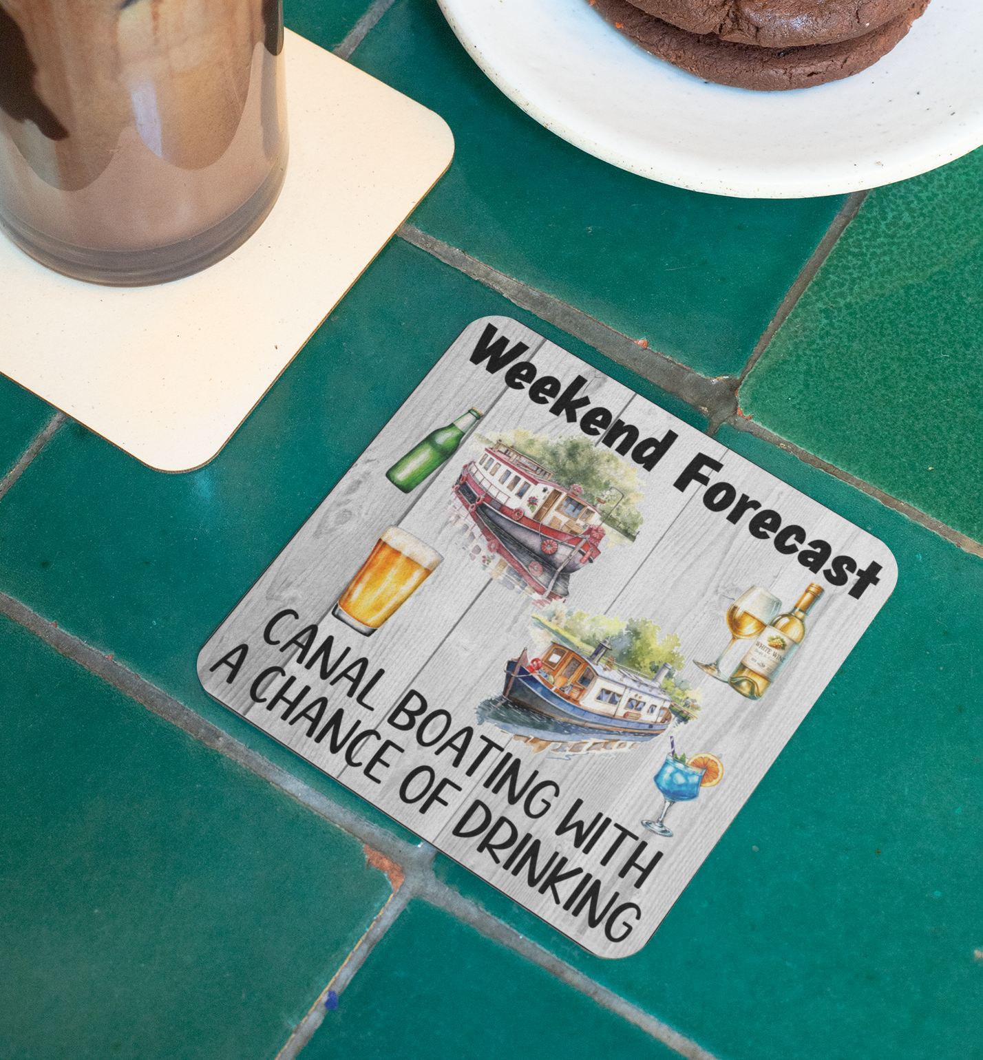 Holiday Coaster Gift - Weekend Forecast Canal Boating with a Chance of Drinking - Fun Cute CORK Novelty Camping Present