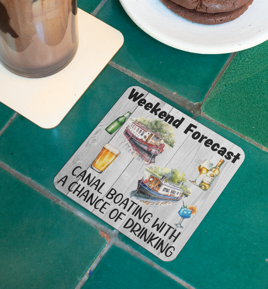 Holiday Coaster Gift - Weekend Forecast Canal Boating with a Chance of Drinking - Fun Cute CORK Novelty Camping Present