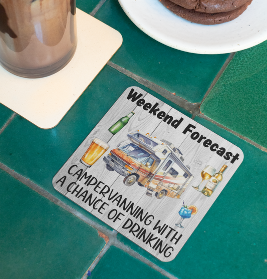 Holiday Coaster Gift - Weekend Forecast Campervanning with a Chance of Drinking - Funny Cute CORK Novelty Camping Present