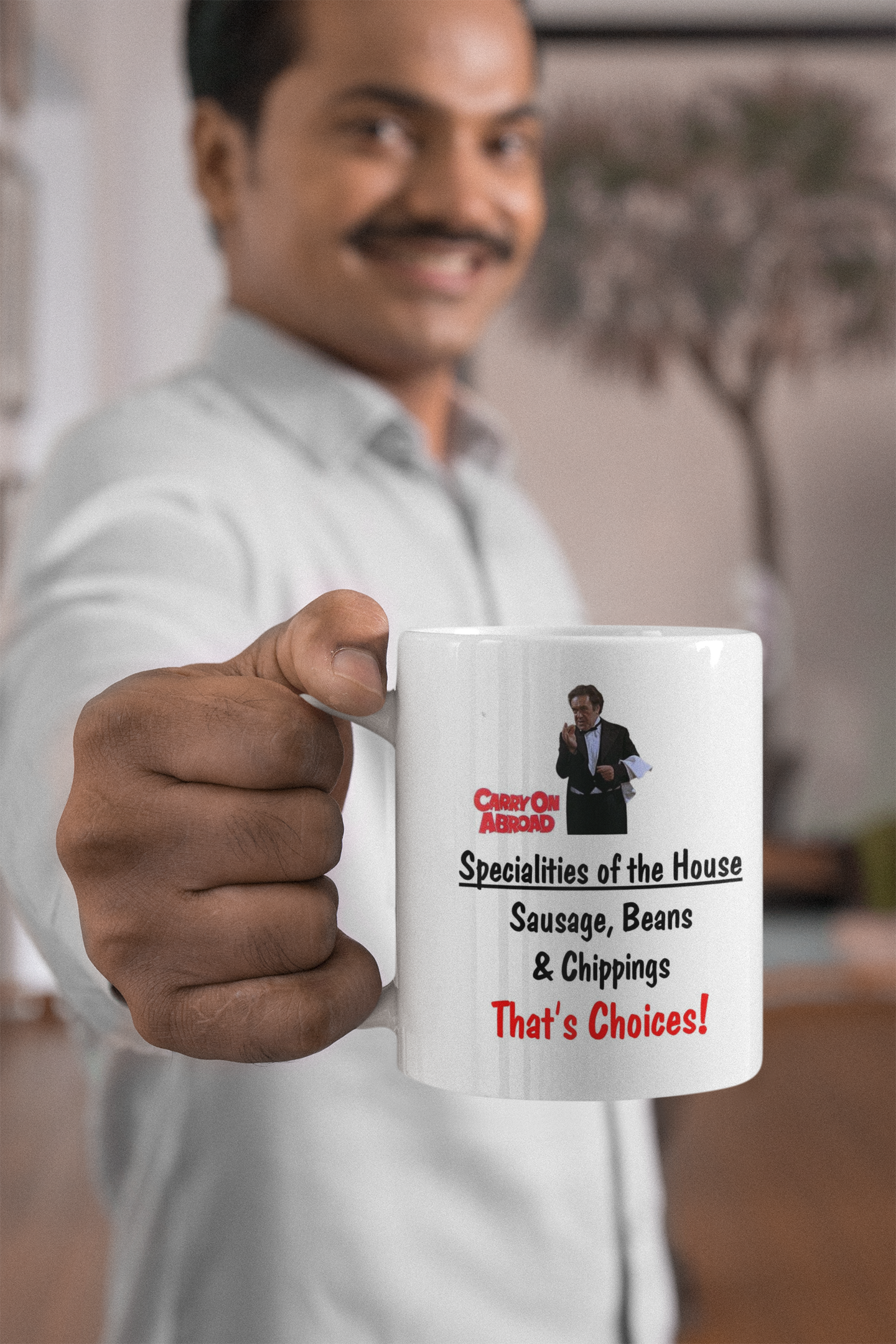 Carry On Mug Gift - Abroad Sausage Beans and Chippings - Cute Funny Novelty Comedy Movie Cup Present