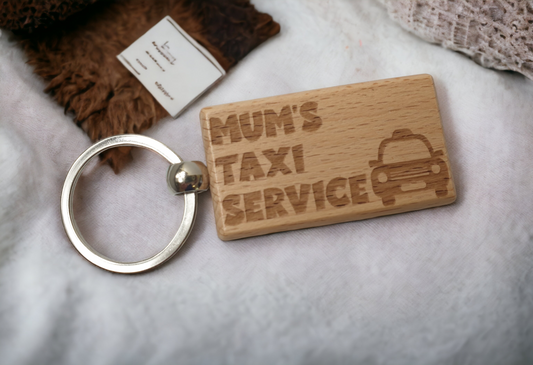 Mum Keyring Gift - Mum's Taxi Service - Engraved Wooden Key Fob Chain Funny Novelty Nice Present
