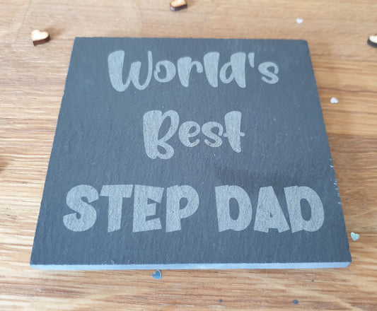 Step Dad Coaster - World's Best Step Dad – Nice Novelty Cute Engraved Slate Mug Cup Coaster Present