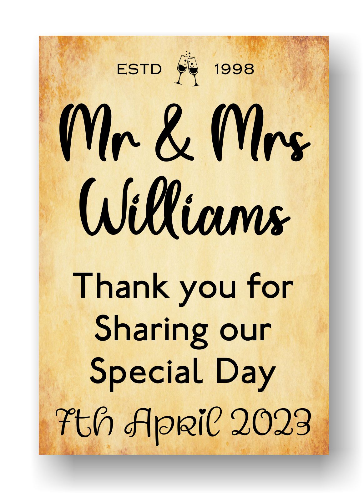 Wedding Reception Bottle Labels x2 - Vintage Style - Any Name Date Year and Message - To fit Wine Alcohol Bottles 68x99mm