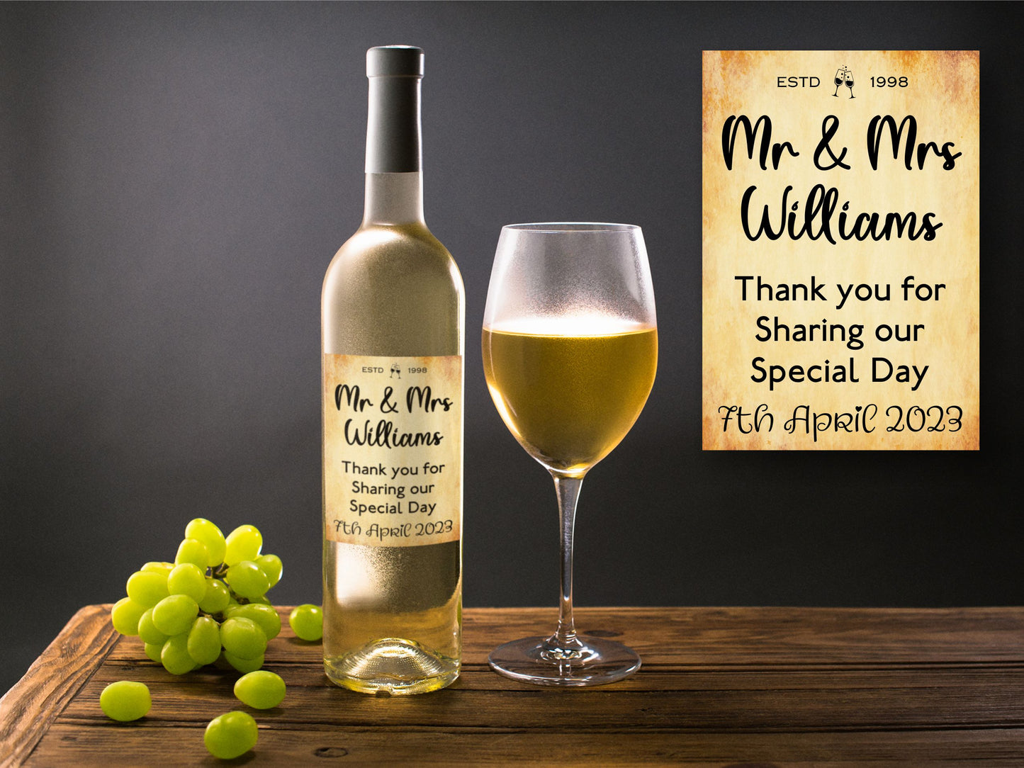 Wedding Reception Bottle Labels x2 - Vintage Style - Any Name Date Year and Message - To fit Wine Alcohol Bottles 68x99mm