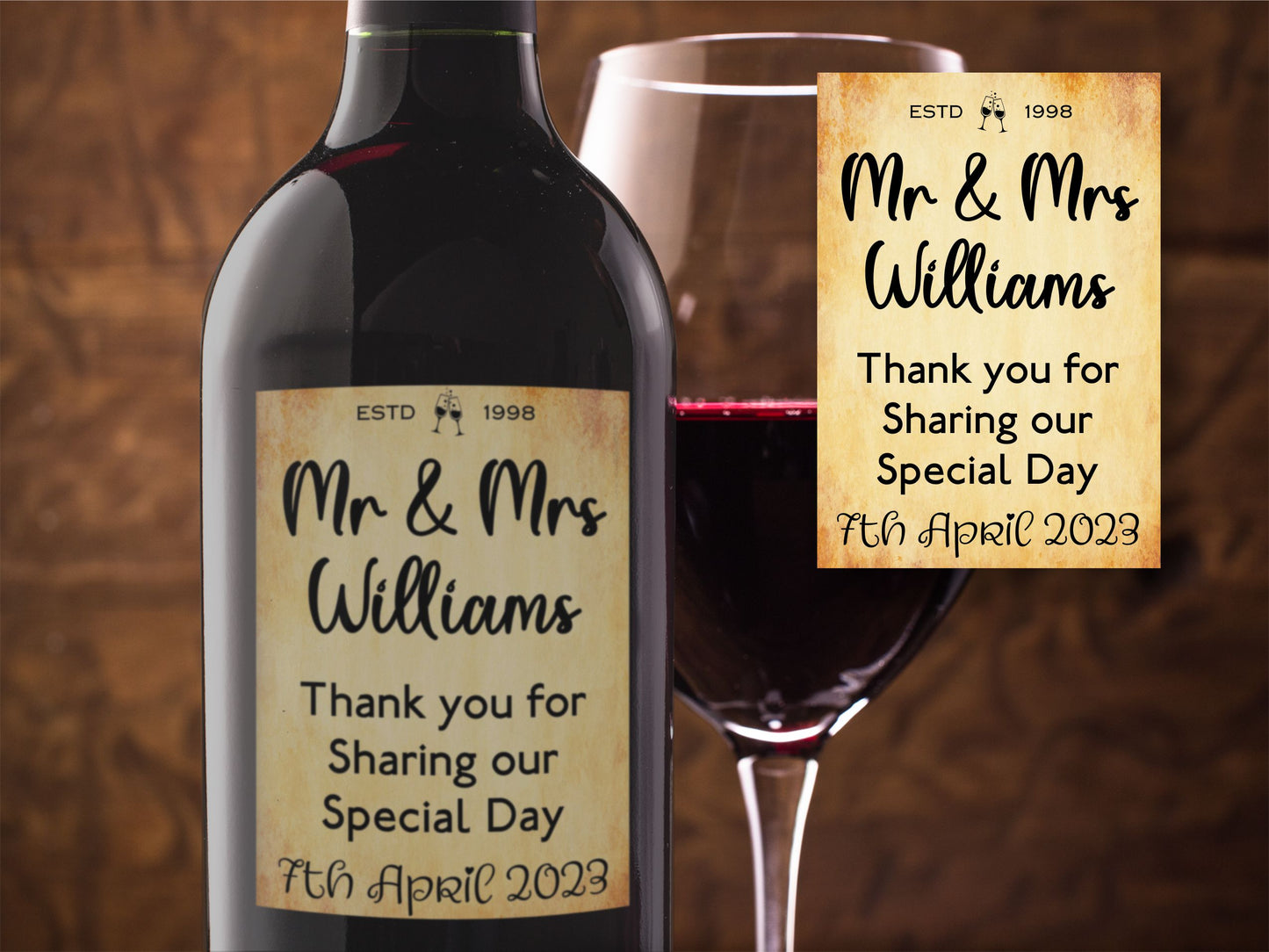 Wedding Reception Bottle Labels x2 - Vintage Style - Any Name Date Year and Message - To fit Wine Alcohol Bottles 68x99mm