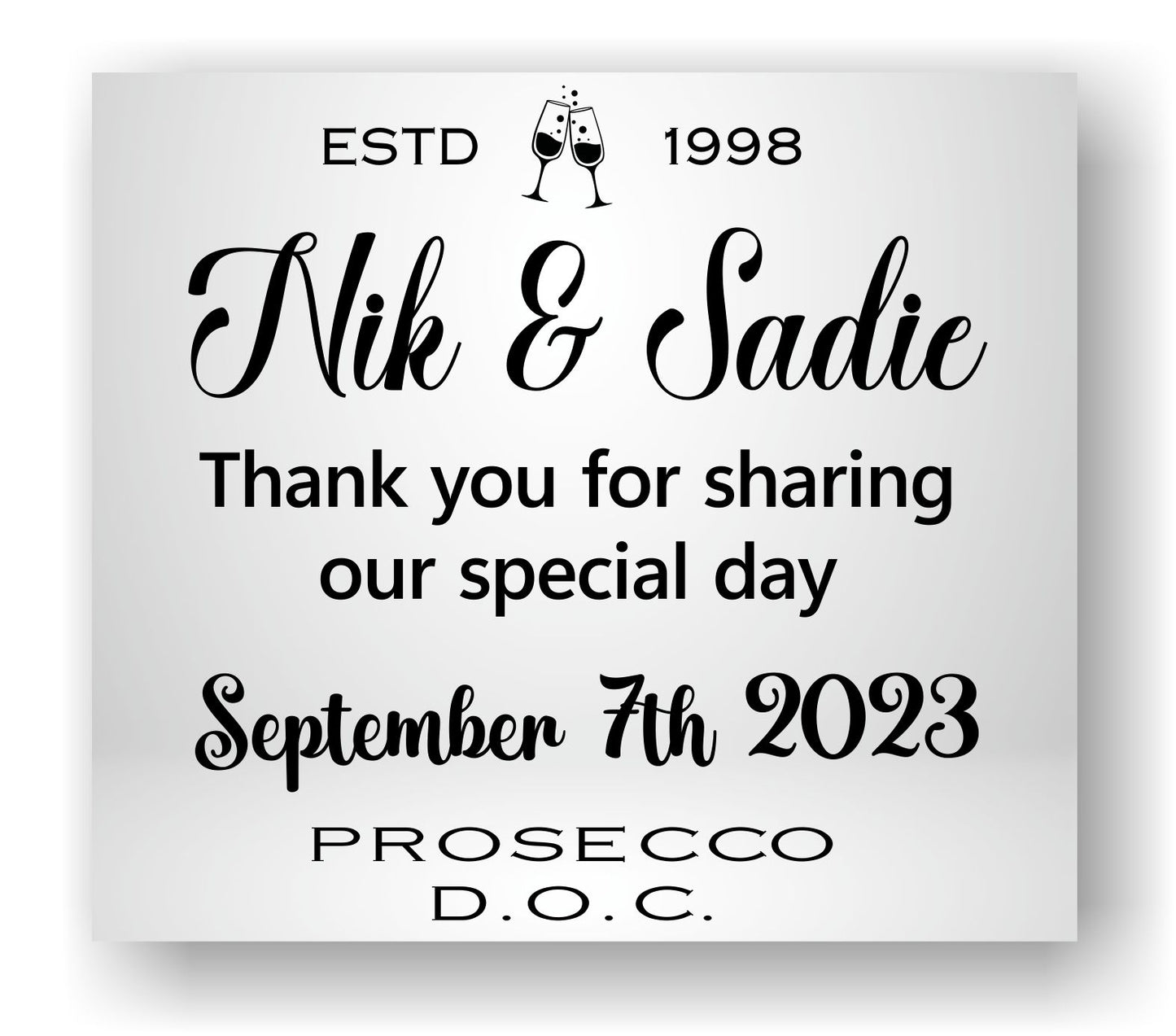 Wedding Reception Bottle Labels x2 - Pink or Grey - Any Name Year and Message - To fit Prosecco Wine Bottles