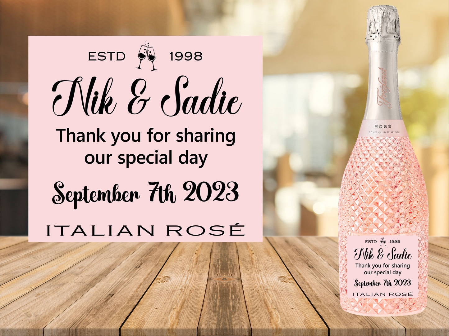 Wedding Reception Bottle Labels x2 - Pink or Grey - Any Name Year and Message - To fit Prosecco Wine Bottles