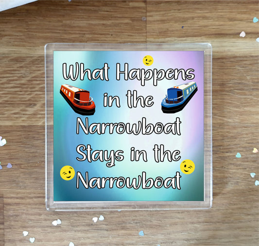 Narrowboat Coaster - What Happens In The Narrowboat - Fun Canal Boat Cheeky Novelty Birthday Gift