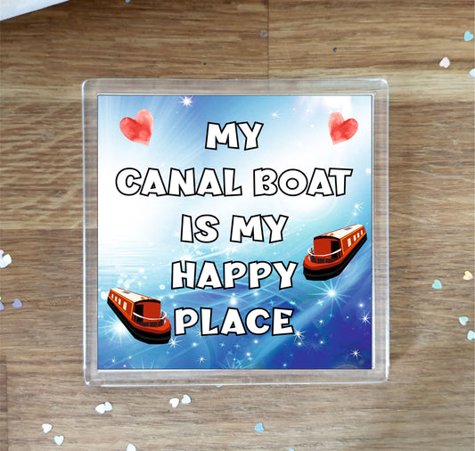 Canal Boat Coaster - My Canal Boat Is My Happy Place - Fun Narrowboat Novelty Birthday Gift