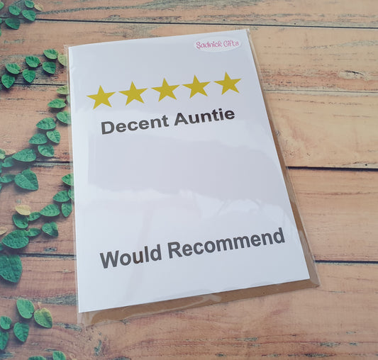 Auntie Birthday Card - Decent Auntie Would Recommend  - Fun Novelty Greetings Card