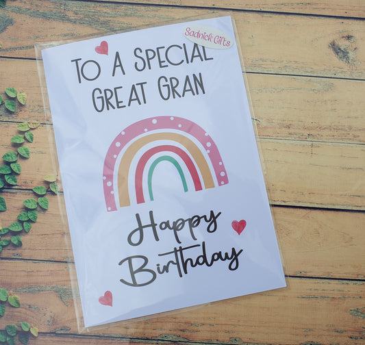 Great Gran Birthday Card - To A Special Great Gran - Rainbow - Nice Cute Novelty Greeting Card