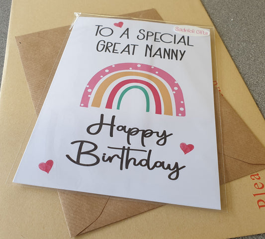 Great Nanny Birthday Card - To A Special Great Nanny - Rainbow - Nice Cute Novelty Greetings Card