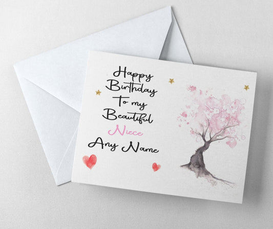 Niece Birthday Card - Watercolour Cherry Tree  Happy Birthday - Novelty Greetings Card Add Name