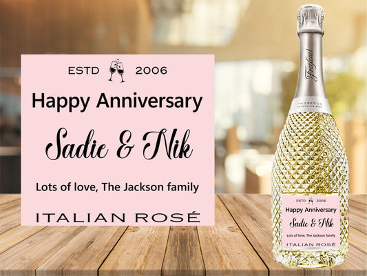 Happy Anniversary Bottle Labels  x2 - Pink or Grey - Any Name Year and Message - To fit Prosecco Wine Bottles