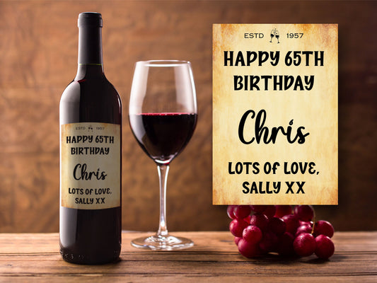 Happy Birthday Bottle Labels  x2 - Vintage Style - Any Name Age Year and Message - To fit Wine Alcohol Bottles 68x99mm