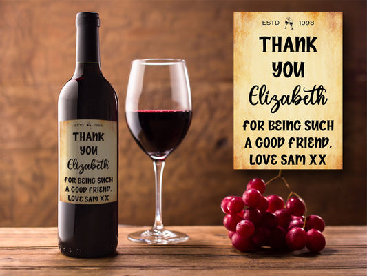 Thank You Bottle Labels  x2 - Vintage Style - Any Name Year and Message - To fit Wine Alcohol Bottles 68x99mm