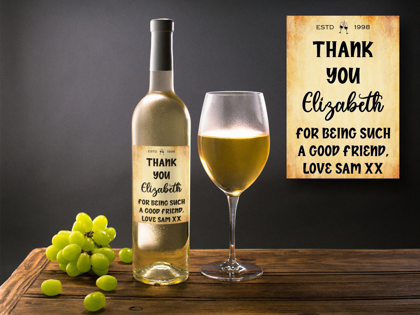 Thank You Bottle Labels  x2 - Vintage Style - Any Name Year and Message - To fit Wine Alcohol Bottles 68x99mm